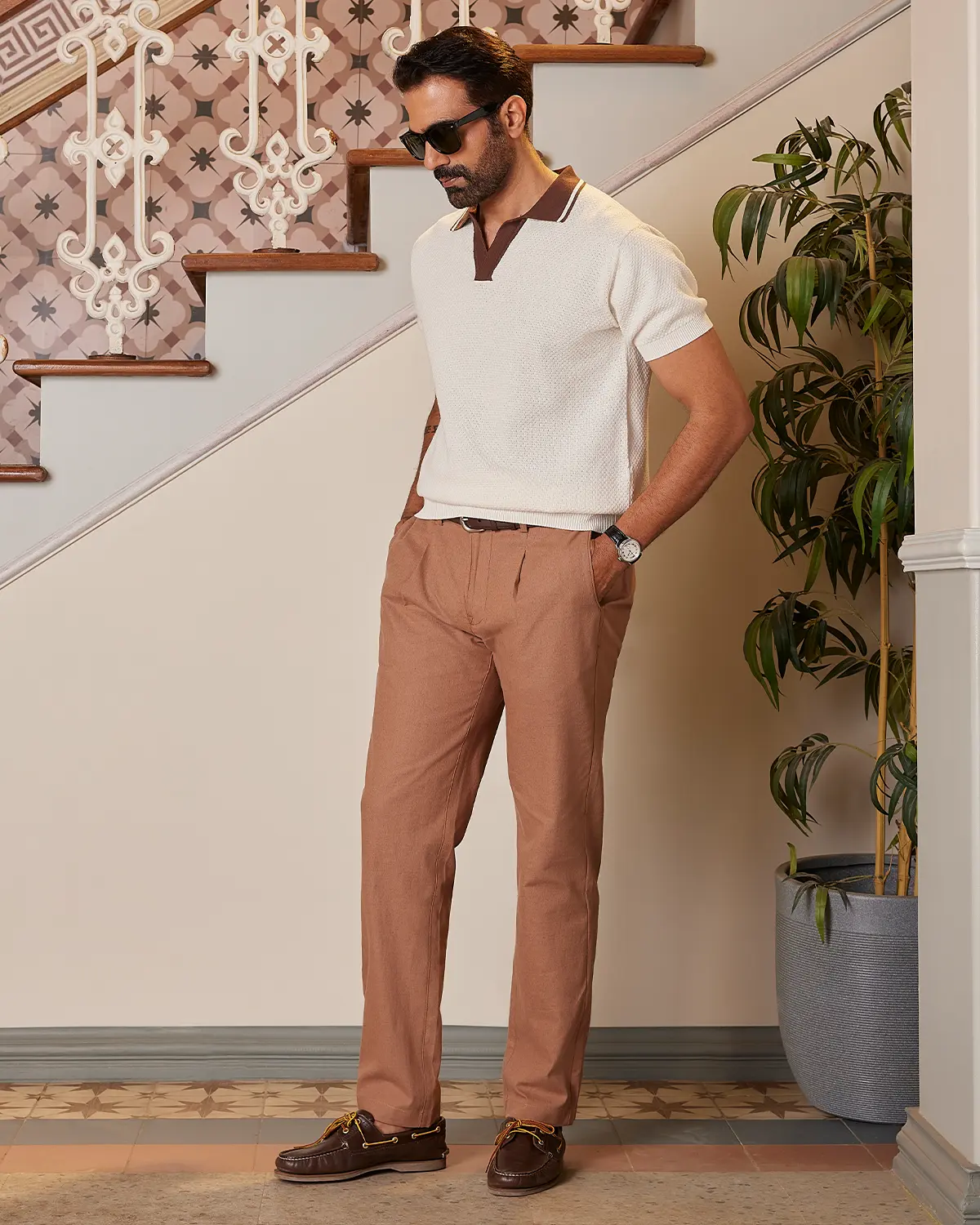 Signature Flat Knit Jacquard Johnny Polo - Ecru & Brown - Image 4