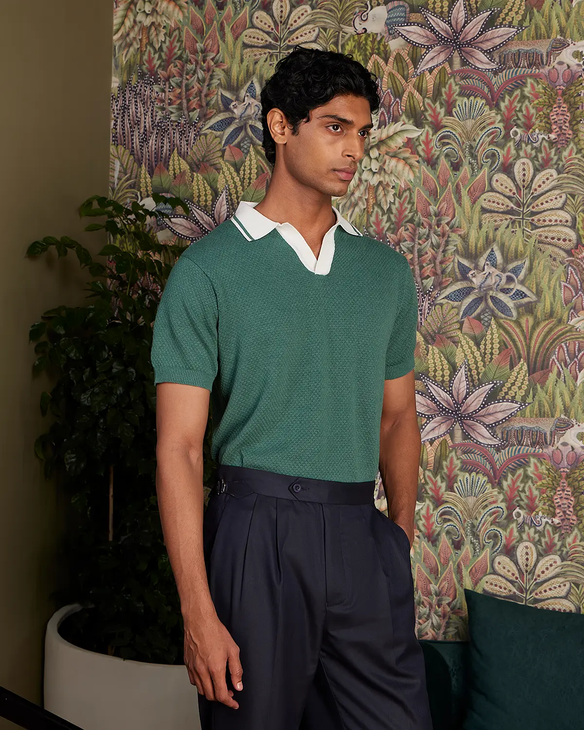 Signature Flat Knit Jacquard Johnny Polo - Forest Green