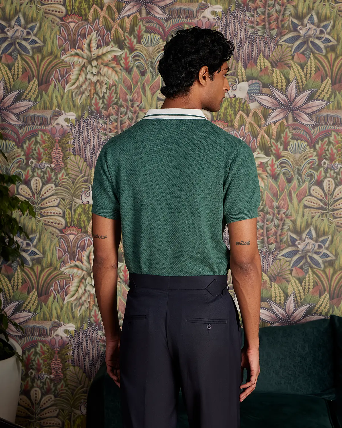 Signature Flat Knit Jacquard Johnny Polo - Forest Green - Image 2