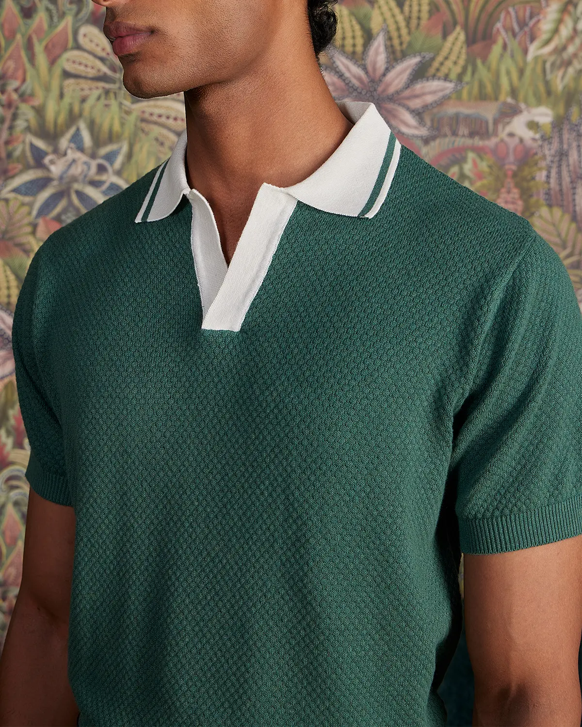 Signature Flat Knit Jacquard Johnny Polo - Forest Green - Image 3