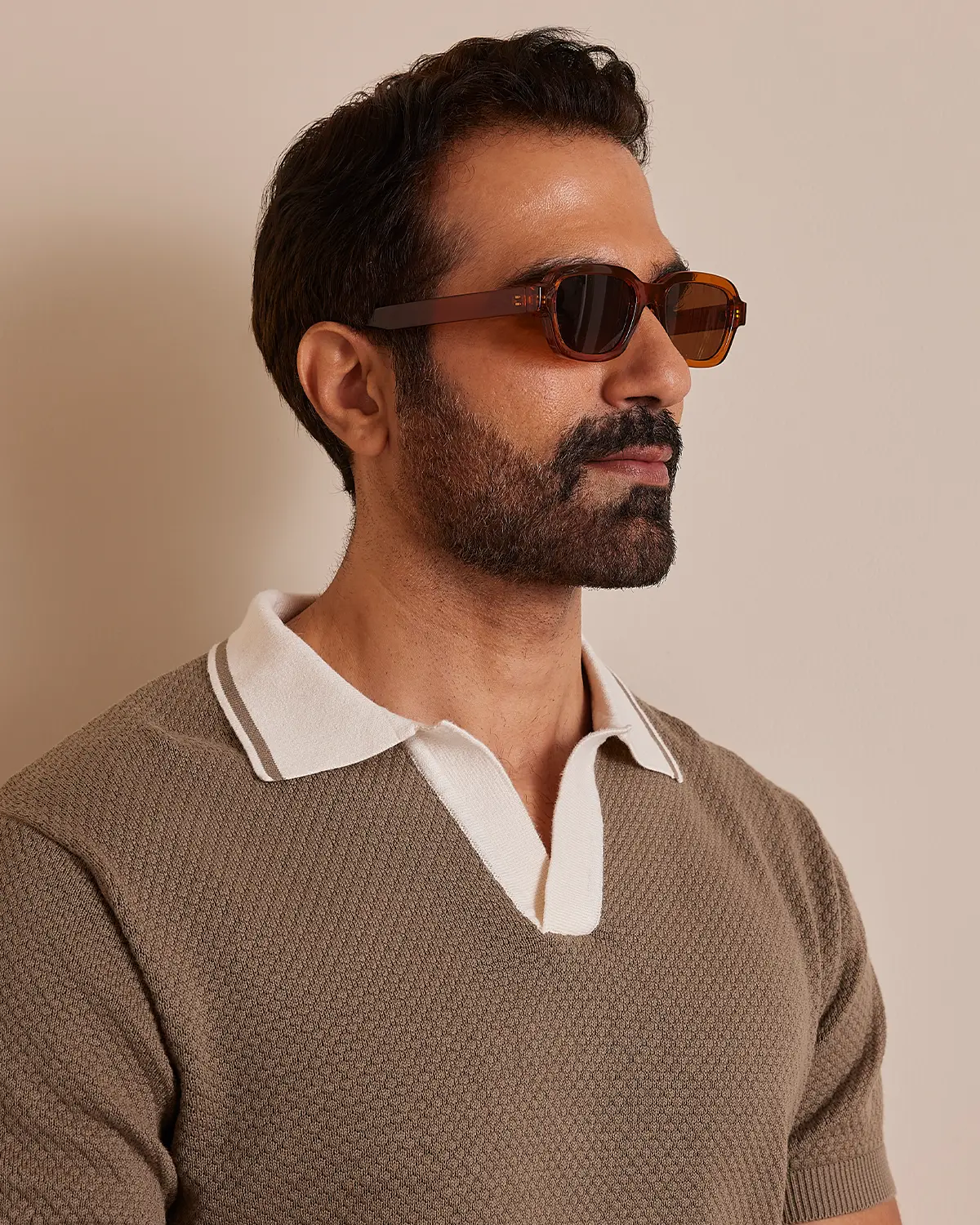 Signature Flat Knit Jacquard Johnny Polo - Light Olive & Ecru - Image 3