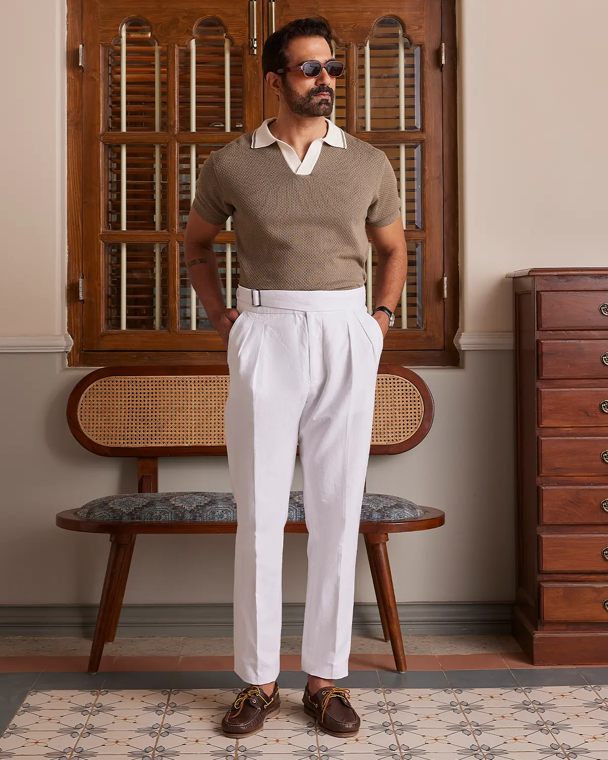 Signature Flat Knit Jacquard Johnny Polo - Light Olive & Ecru - Image 4