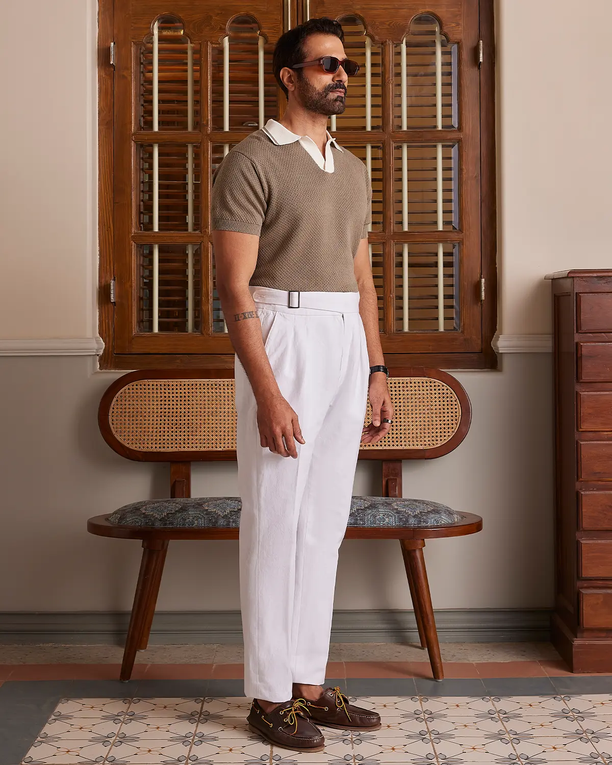 Signature Flat Knit Jacquard Johnny Polo - Light Olive & Ecru - Image 5