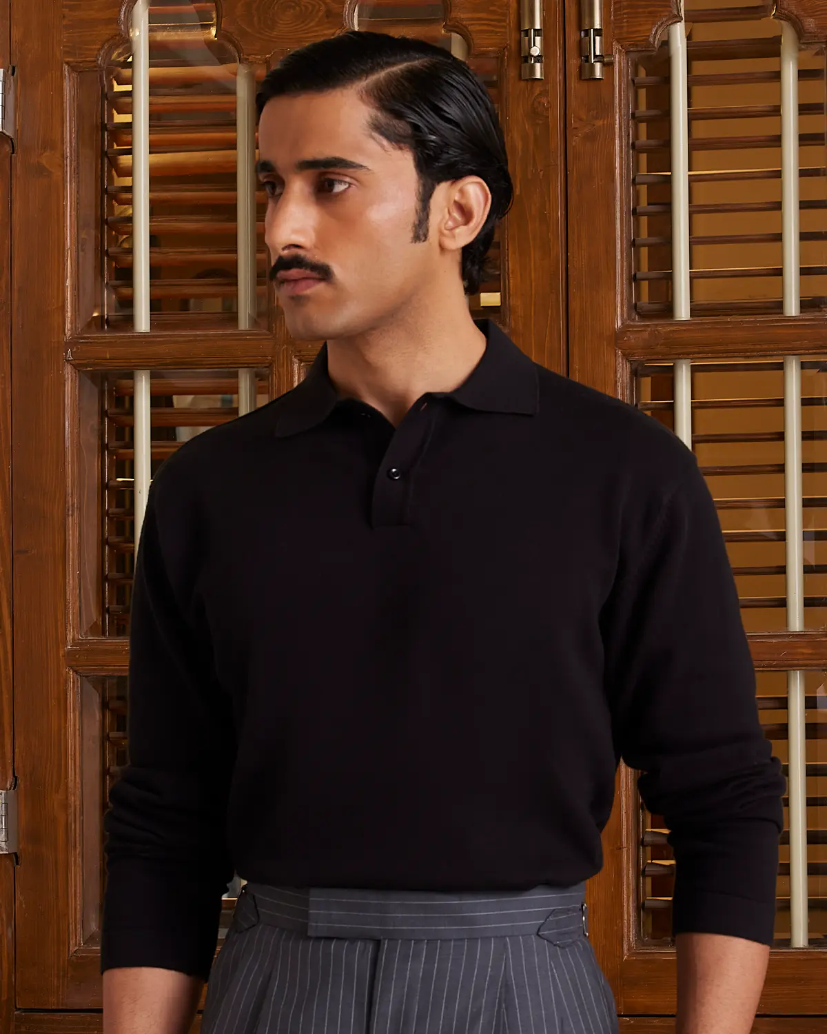 Signature Flat Knit Long Sleeve  Polo - Black