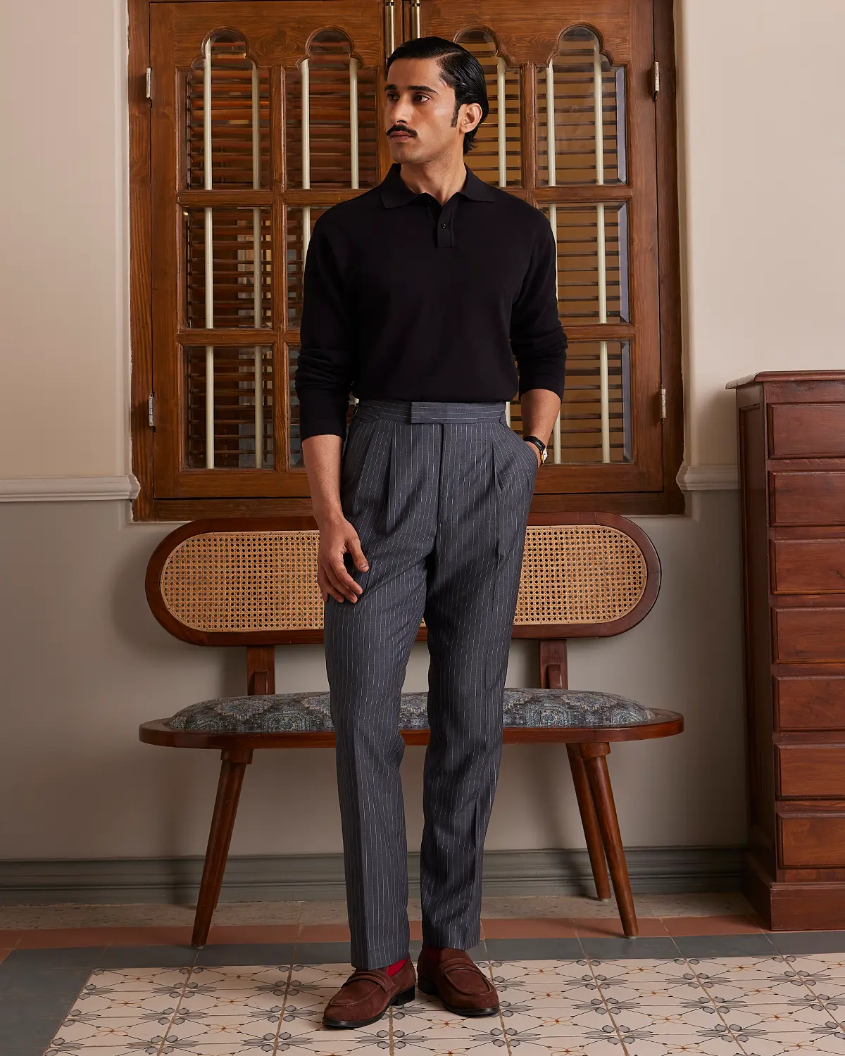 Signature Flat Knit Long Sleeve  Polo - Black - Image 3