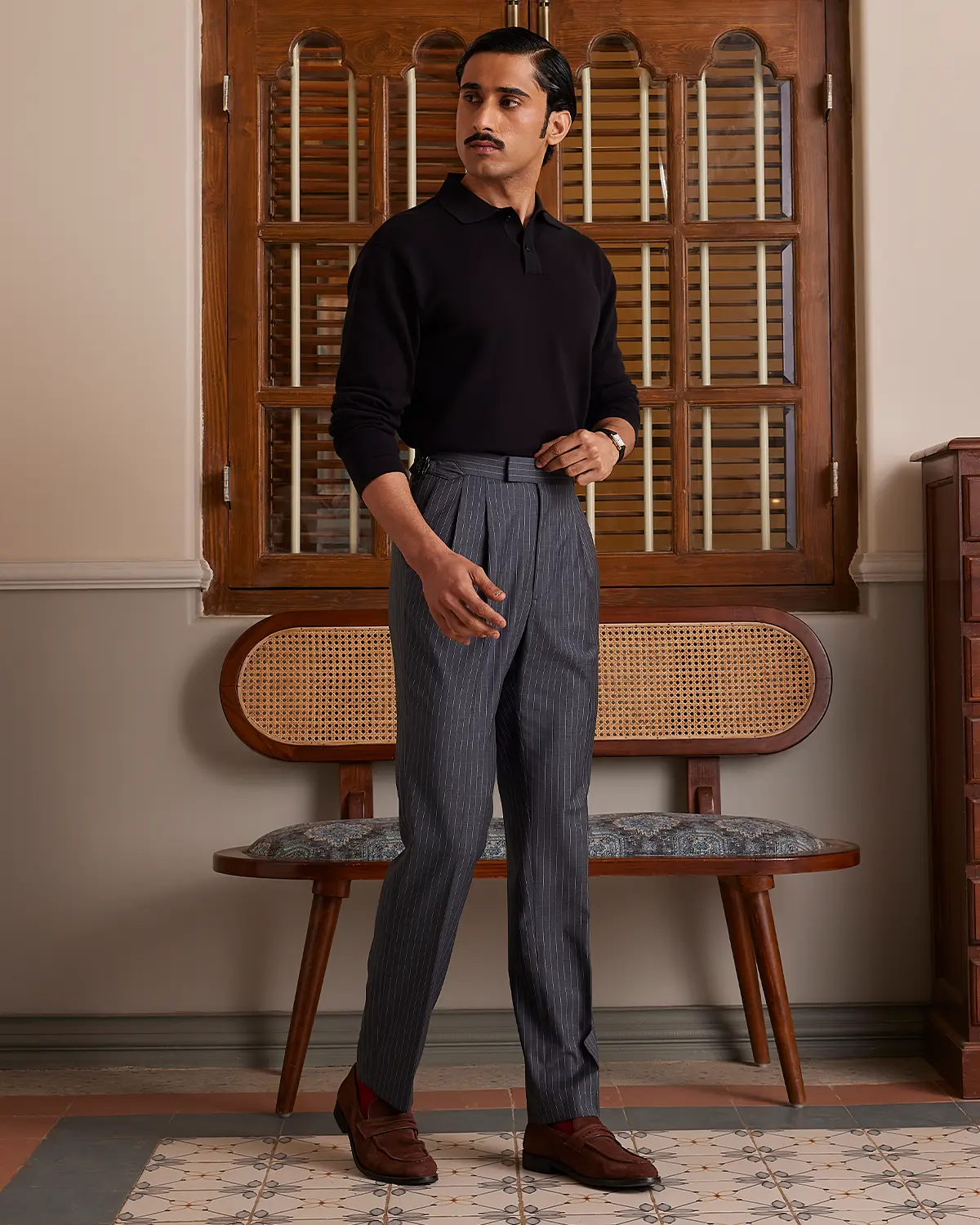 Signature Flat Knit Long Sleeve  Polo - Black - Image 4