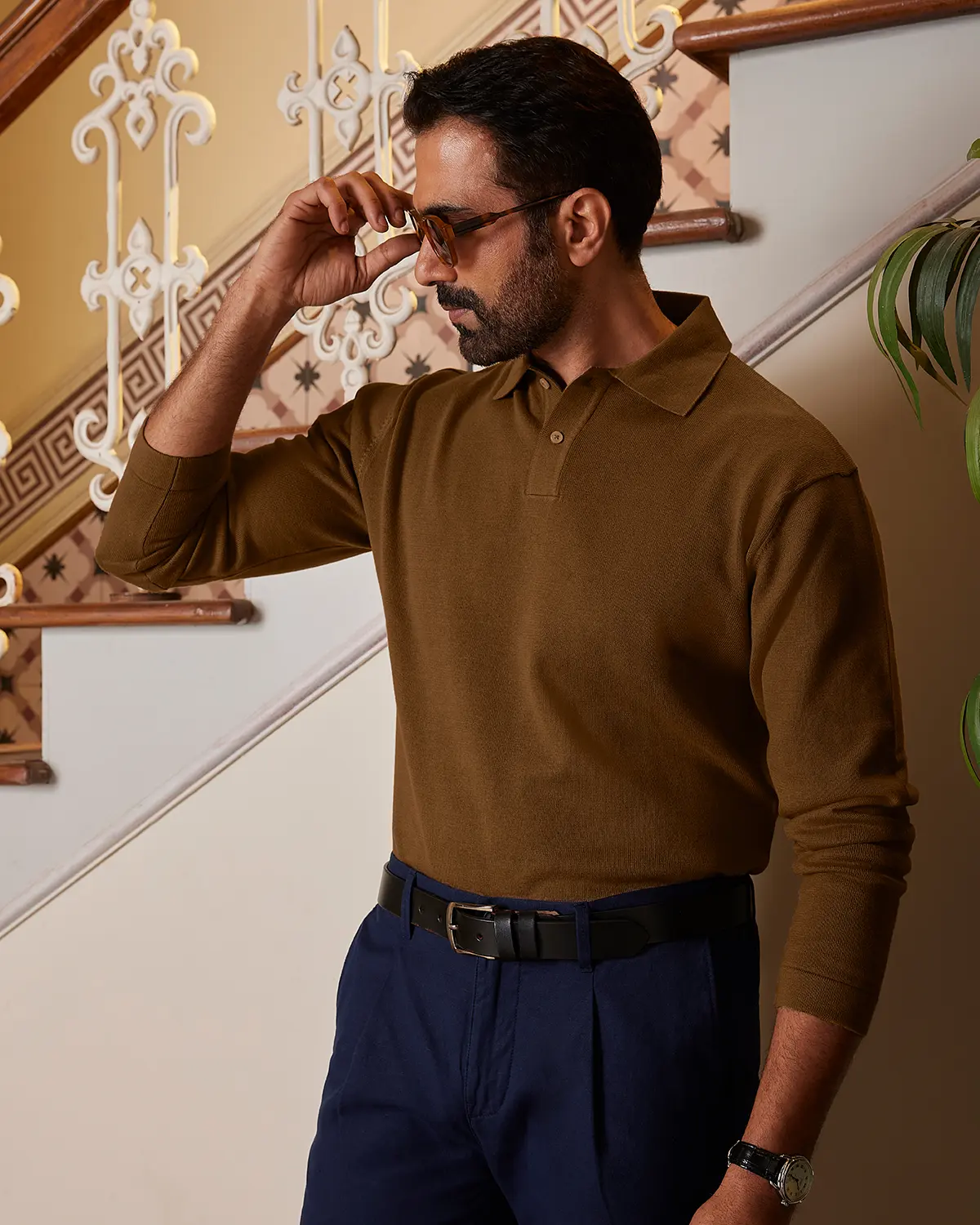 Signature Flat Knit Long Sleeve  Polo - Brown