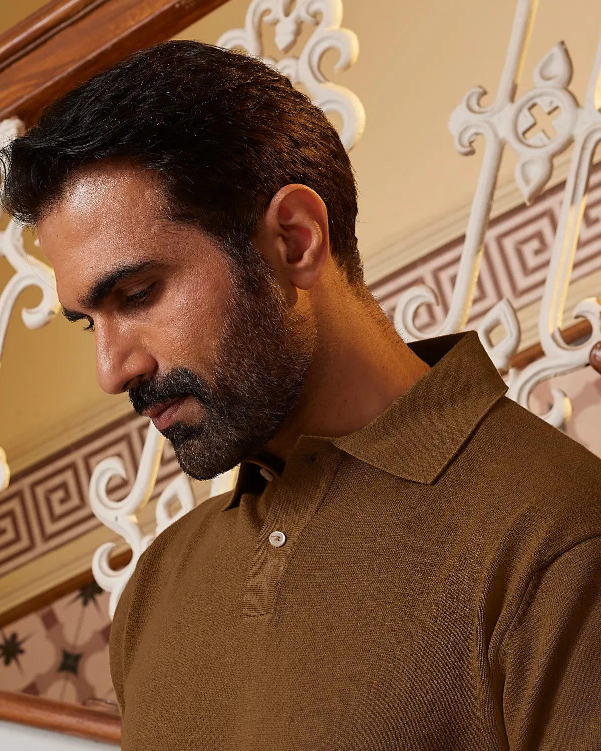 Signature Flat Knit Long Sleeve  Polo - Brown - Image 2
