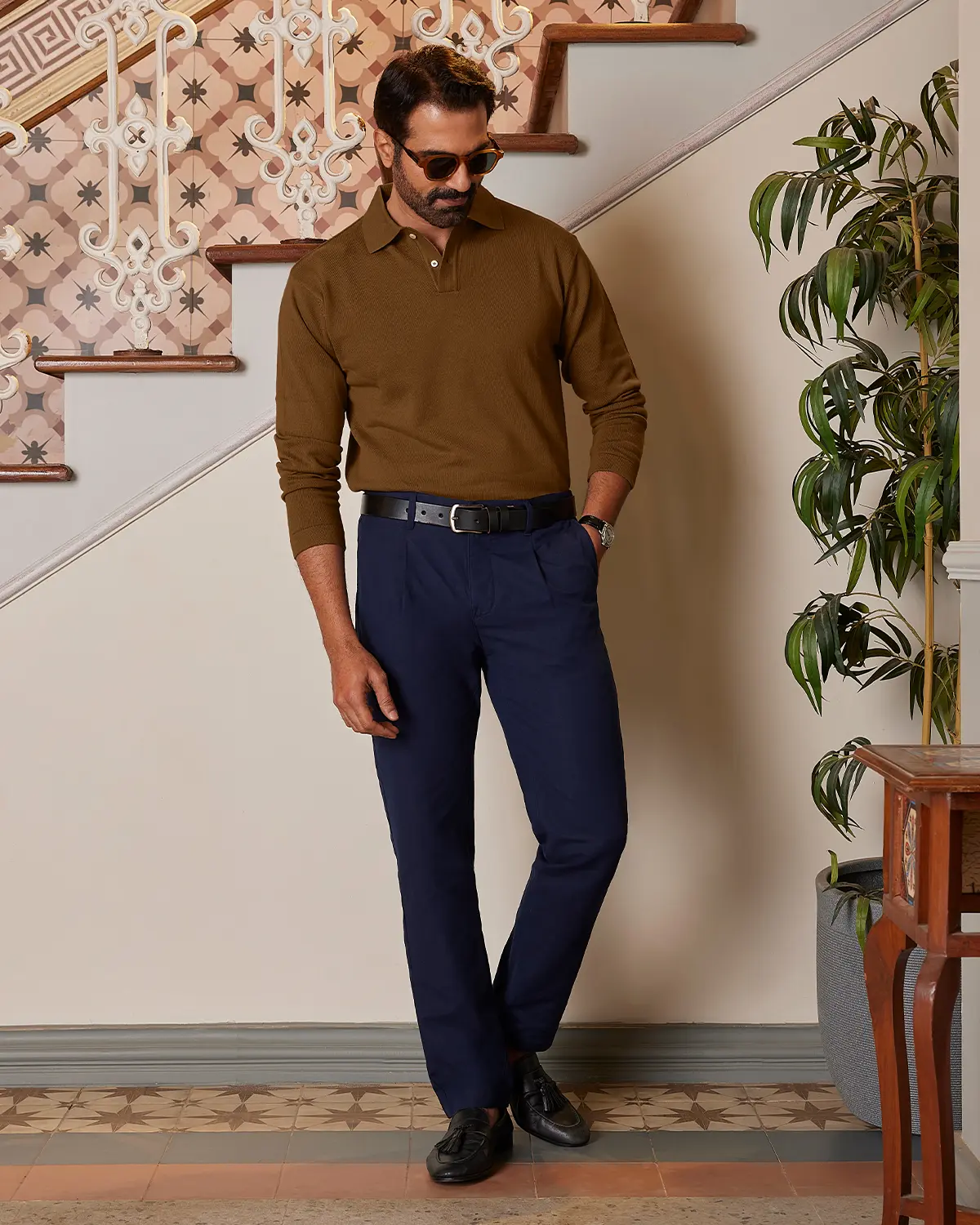 Signature Flat Knit Long Sleeve  Polo - Brown - Image 3
