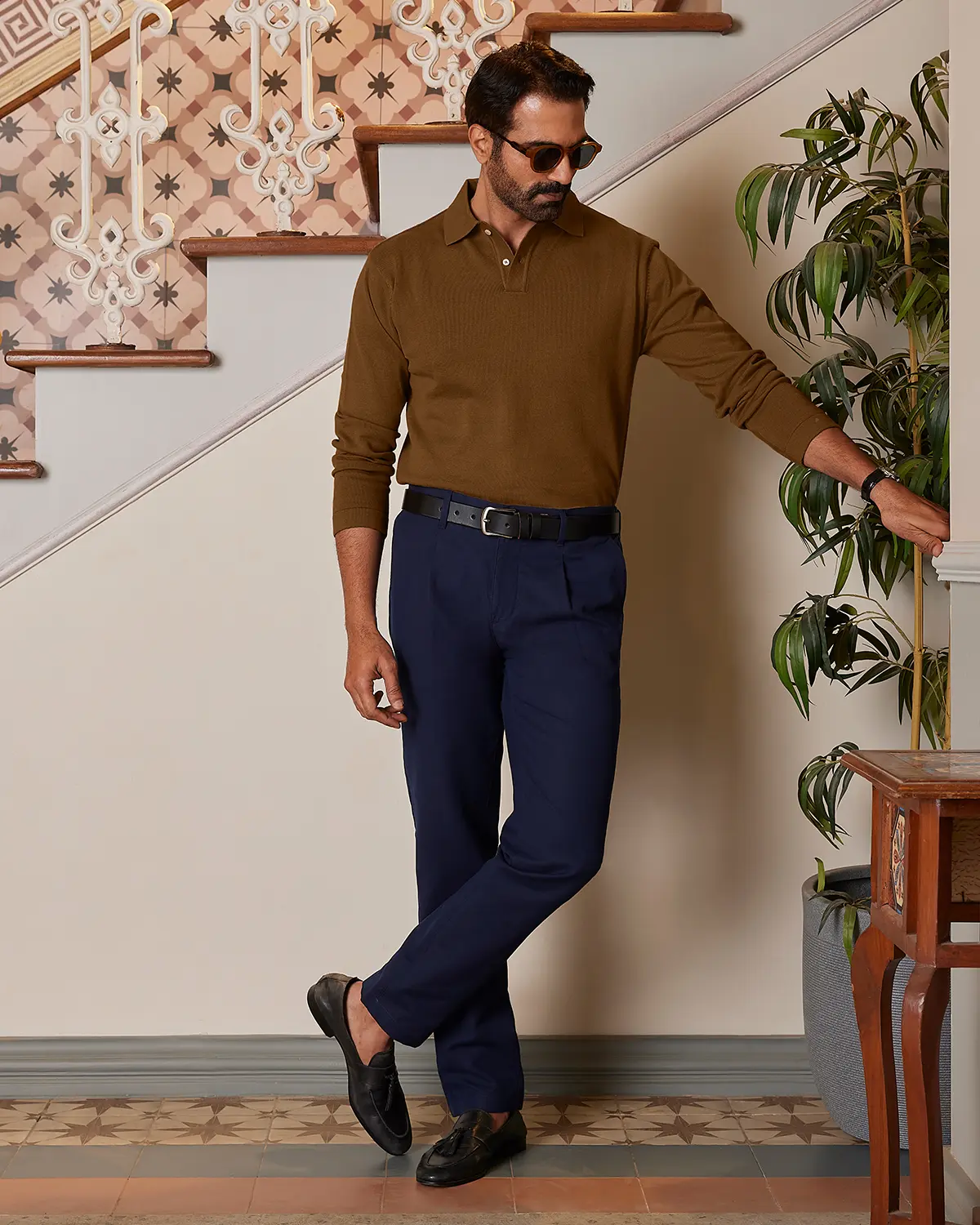 Signature Flat Knit Long Sleeve  Polo - Brown - Image 4