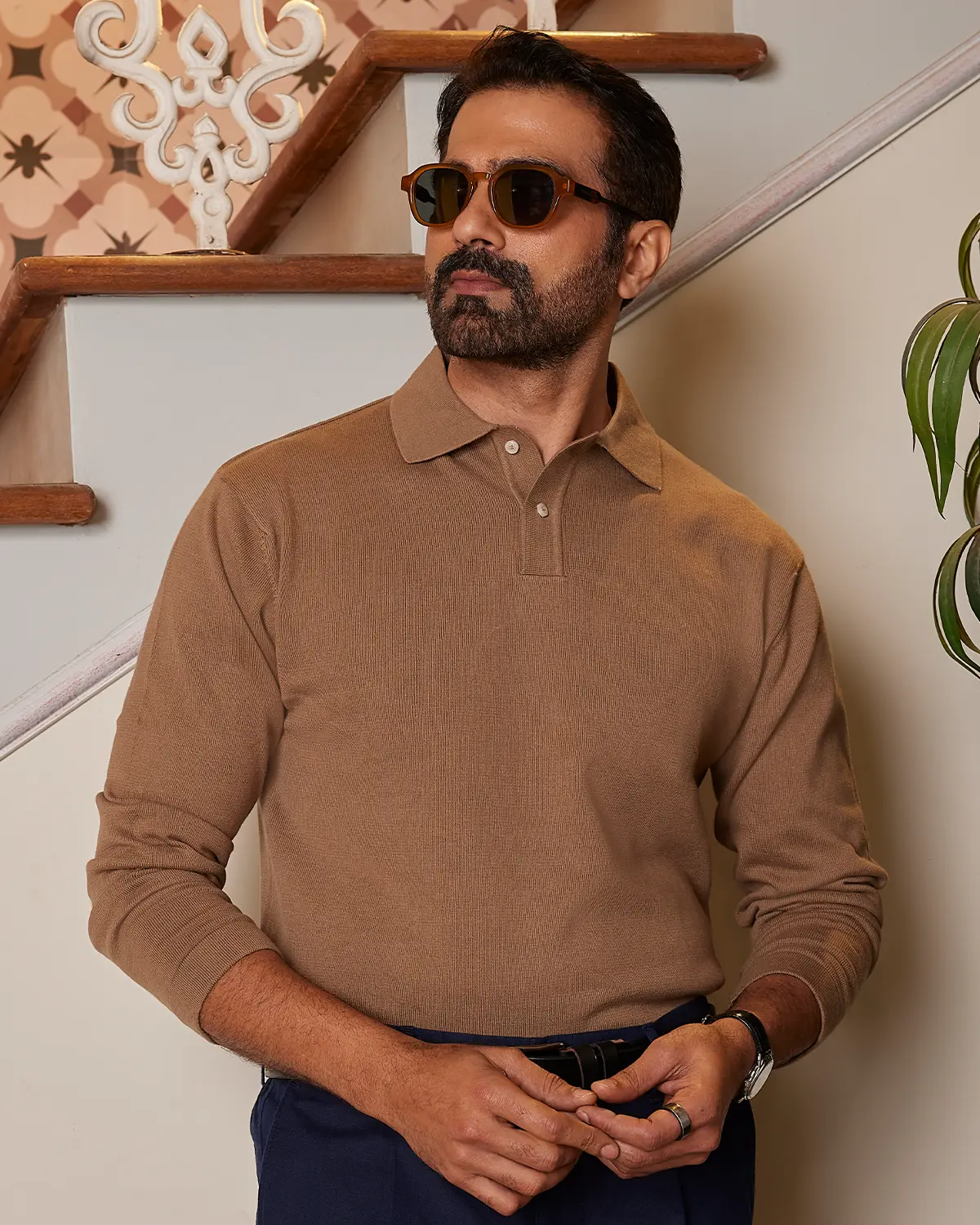 Signature Flat Knit Long Sleeve  Polo - Dark Sand