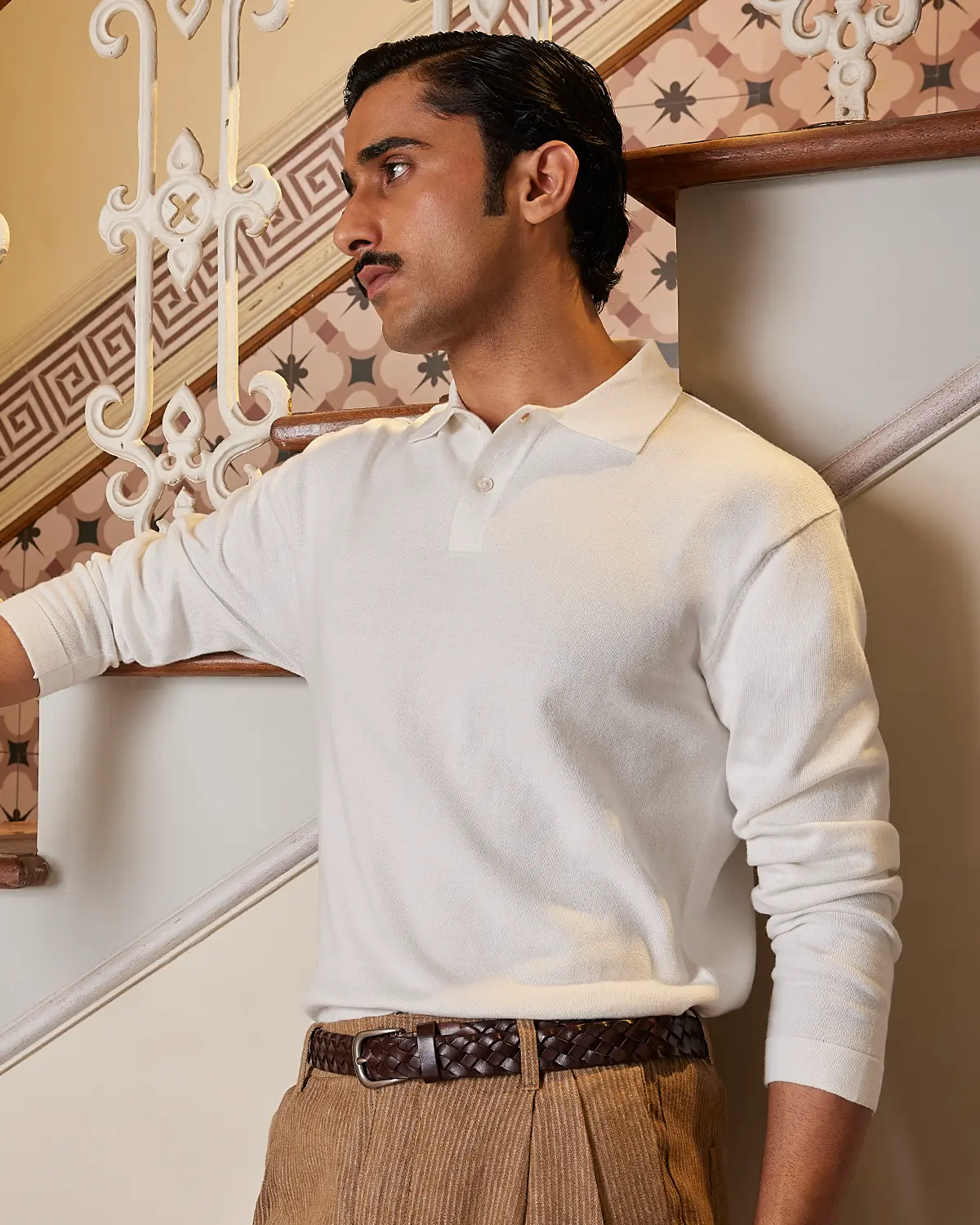 Signature Flat Knit Long Sleeve  Polo - Ecru