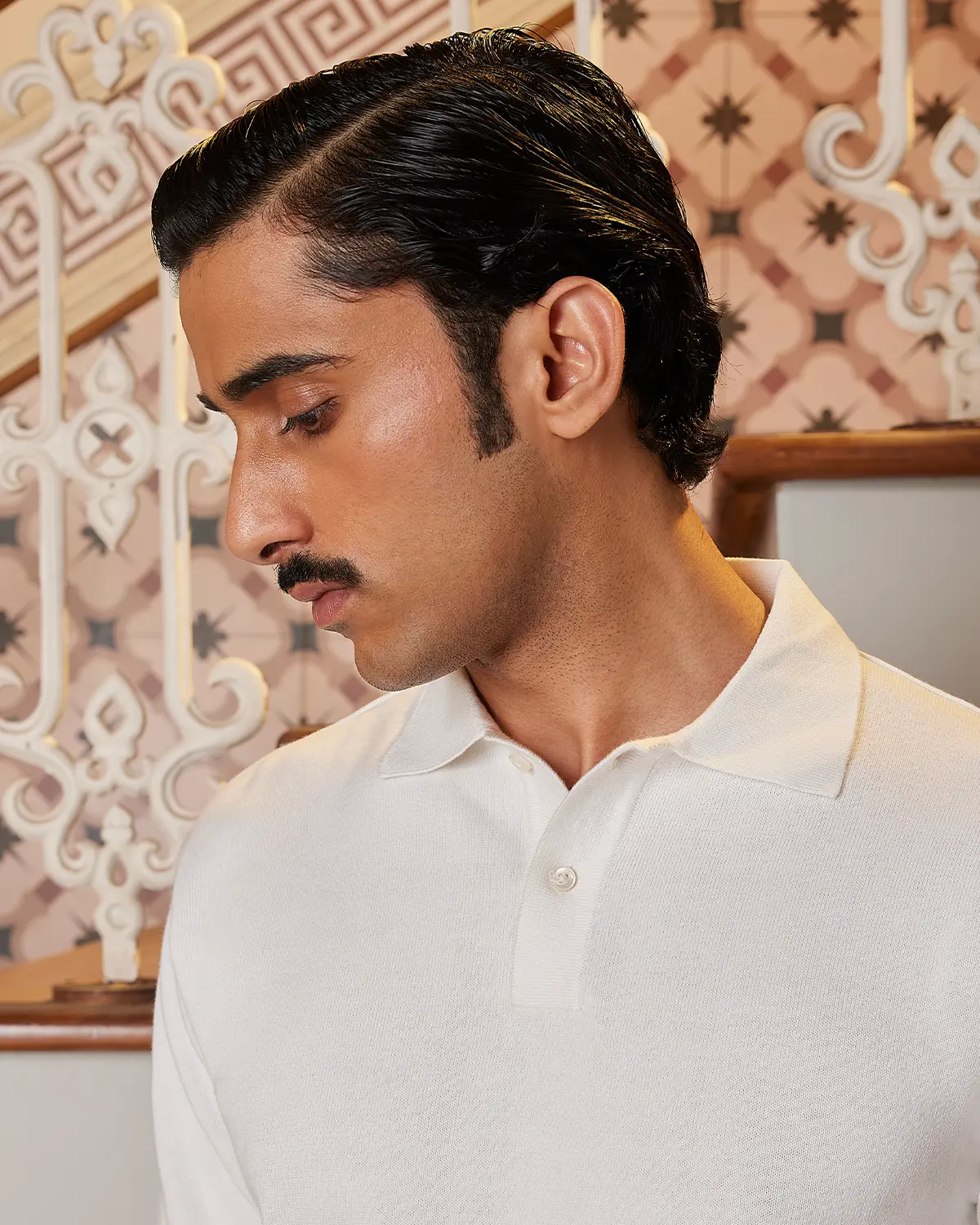 Signature Flat Knit Long Sleeve  Polo - Ecru - Image 2