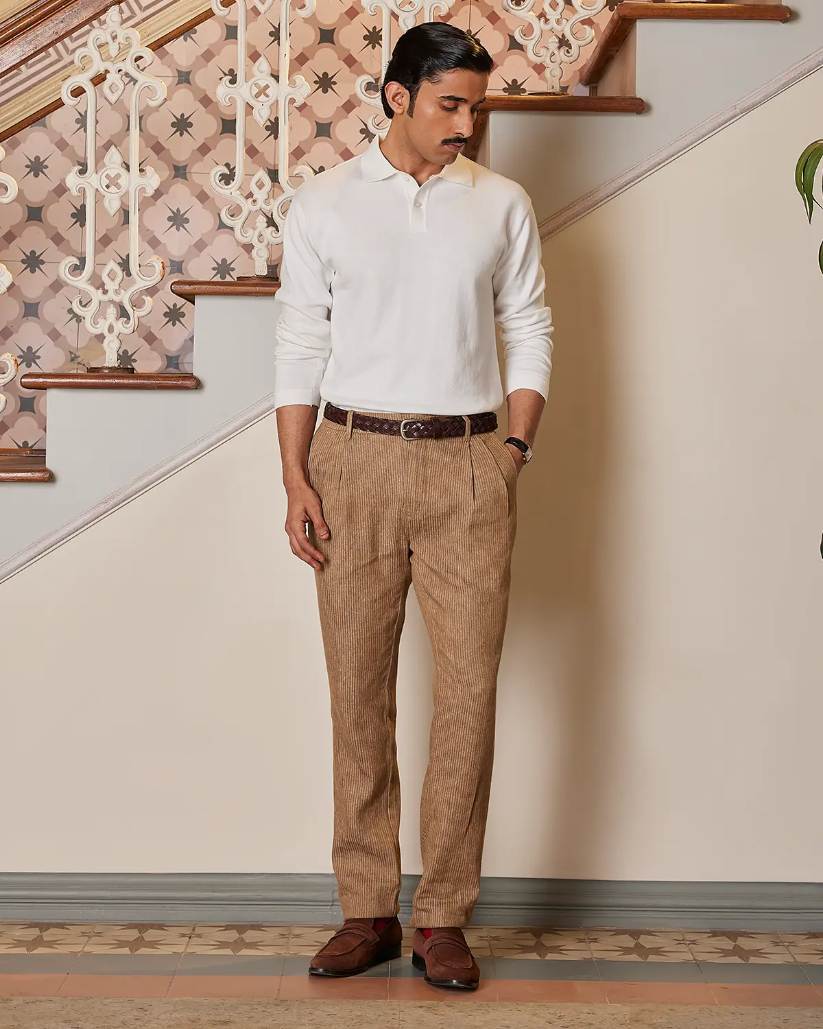 Signature Flat Knit Long Sleeve  Polo - Ecru - Image 3