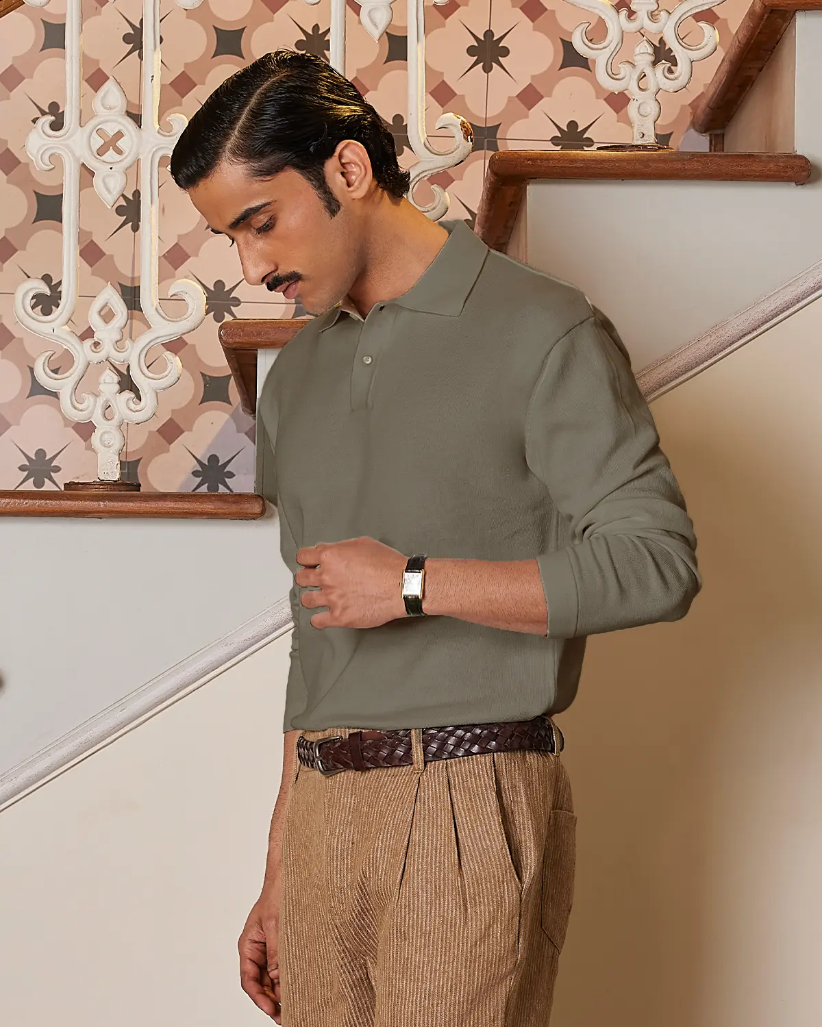 Signature Flat Knit Long Sleeve  Polo - Khaki
