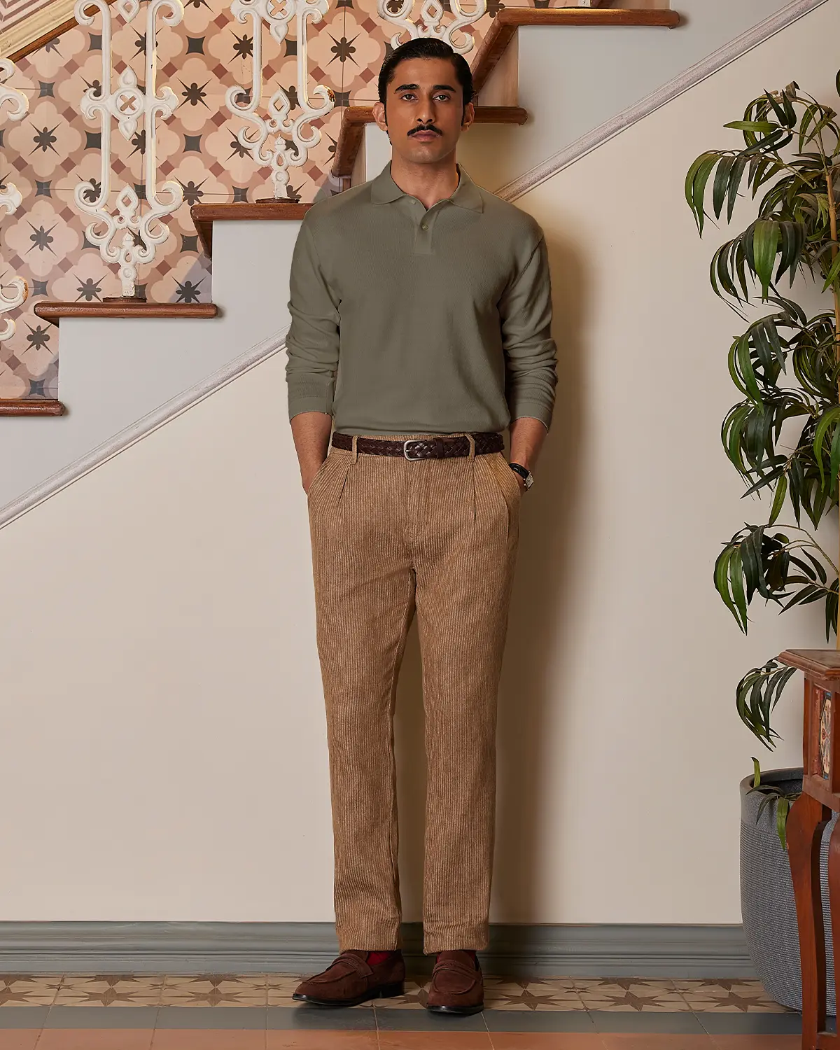 Signature Flat Knit Long Sleeve  Polo - Khaki - Image 3