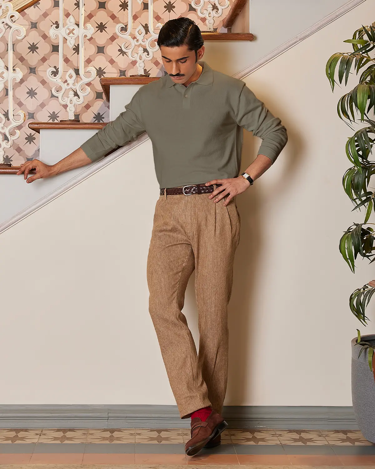 Signature Flat Knit Long Sleeve  Polo - Khaki - Image 4