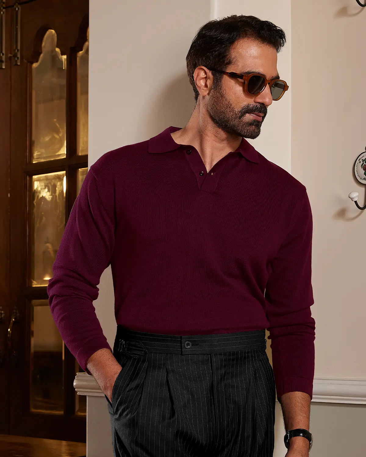 Signature Flat Knit Long Sleeve  Polo - Maroon