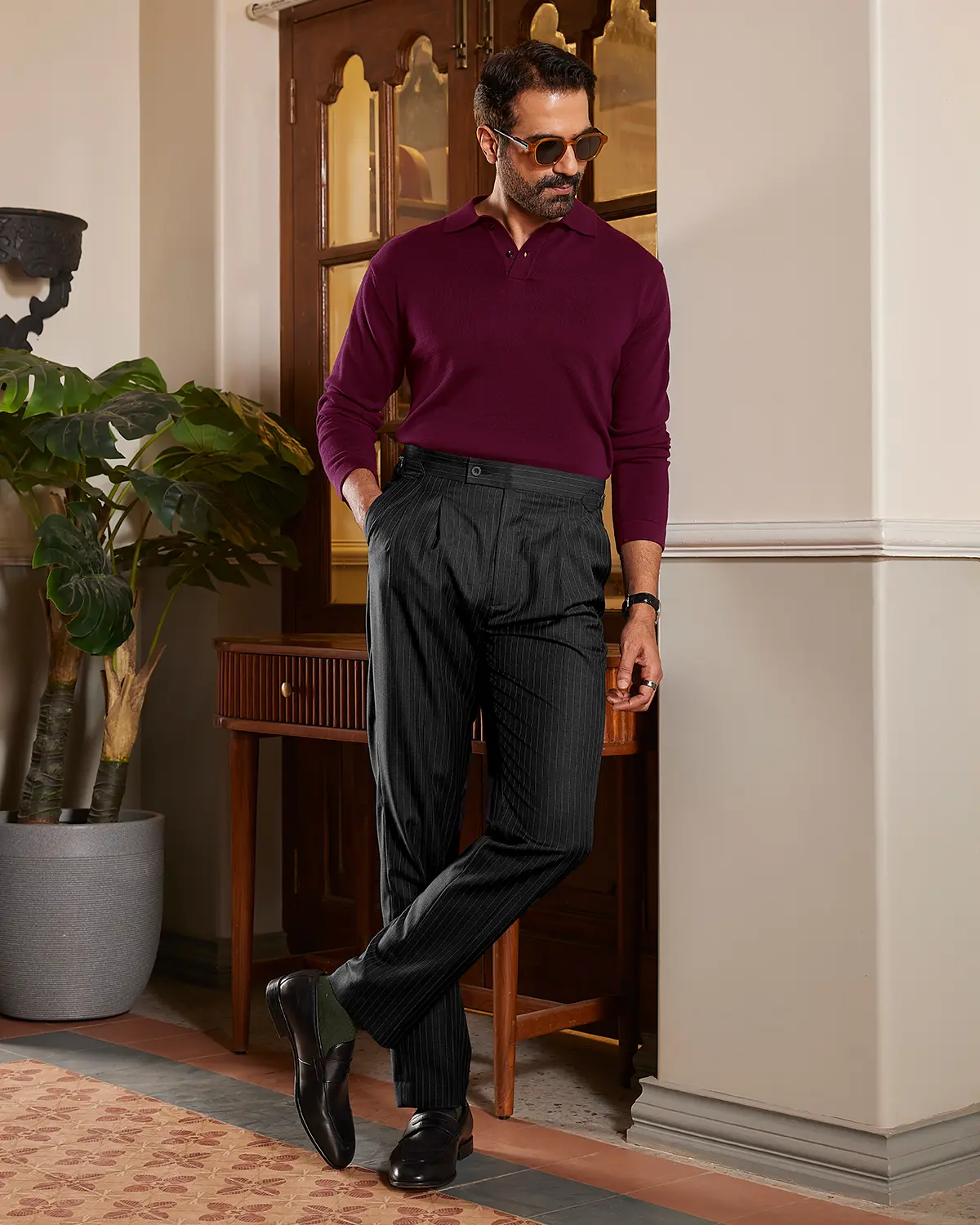 Signature Flat Knit Long Sleeve  Polo - Maroon - Image 3