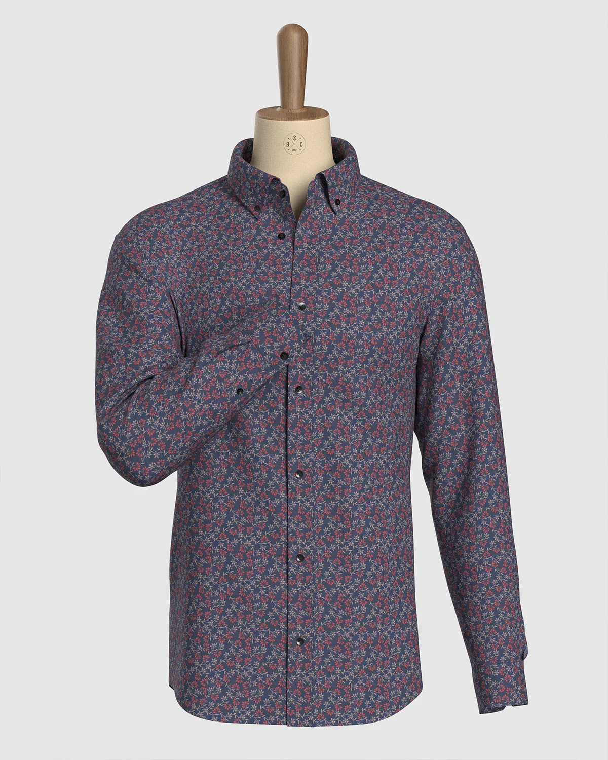 Stretch Floral Printed Shirt - Navy & Orange - Image 2
