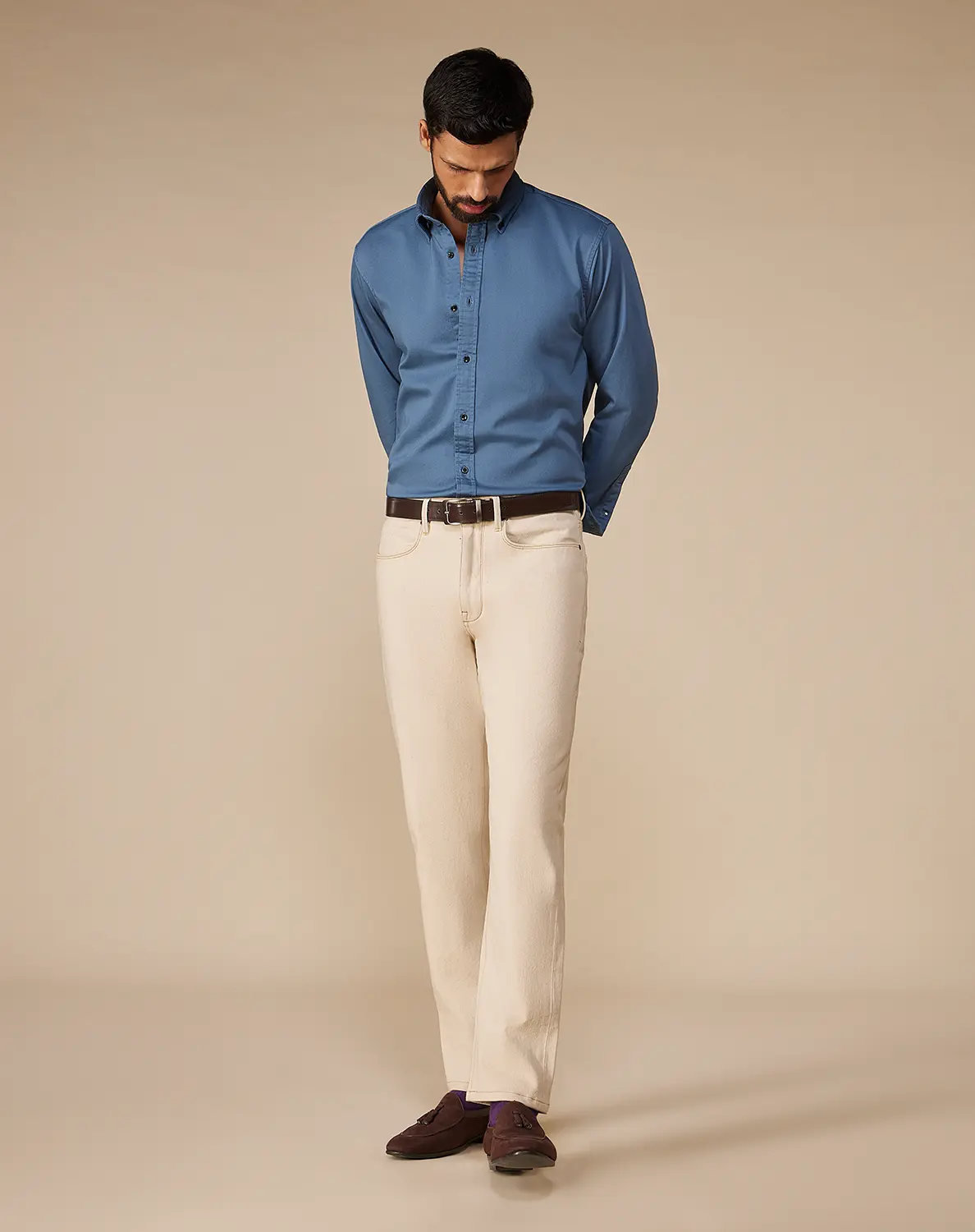 Teal Washed Dobby Denim Shirt - Image 4