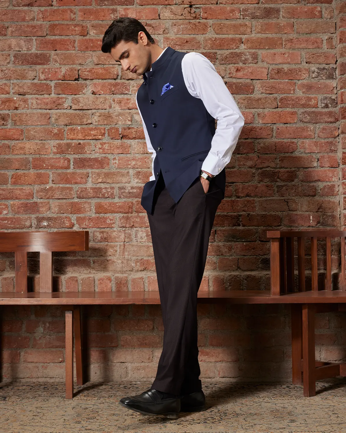 The Astoria Stretch Nehru Jacket - Navy - Image 4