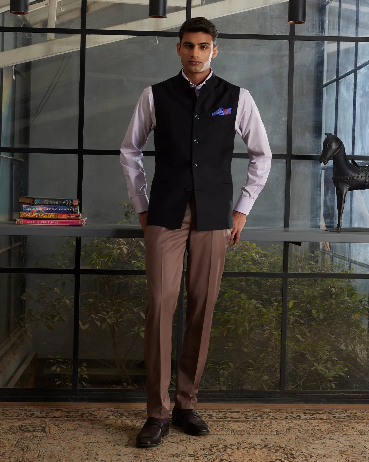 The Savoy Twill Nehru Jacket - Black - Image 4