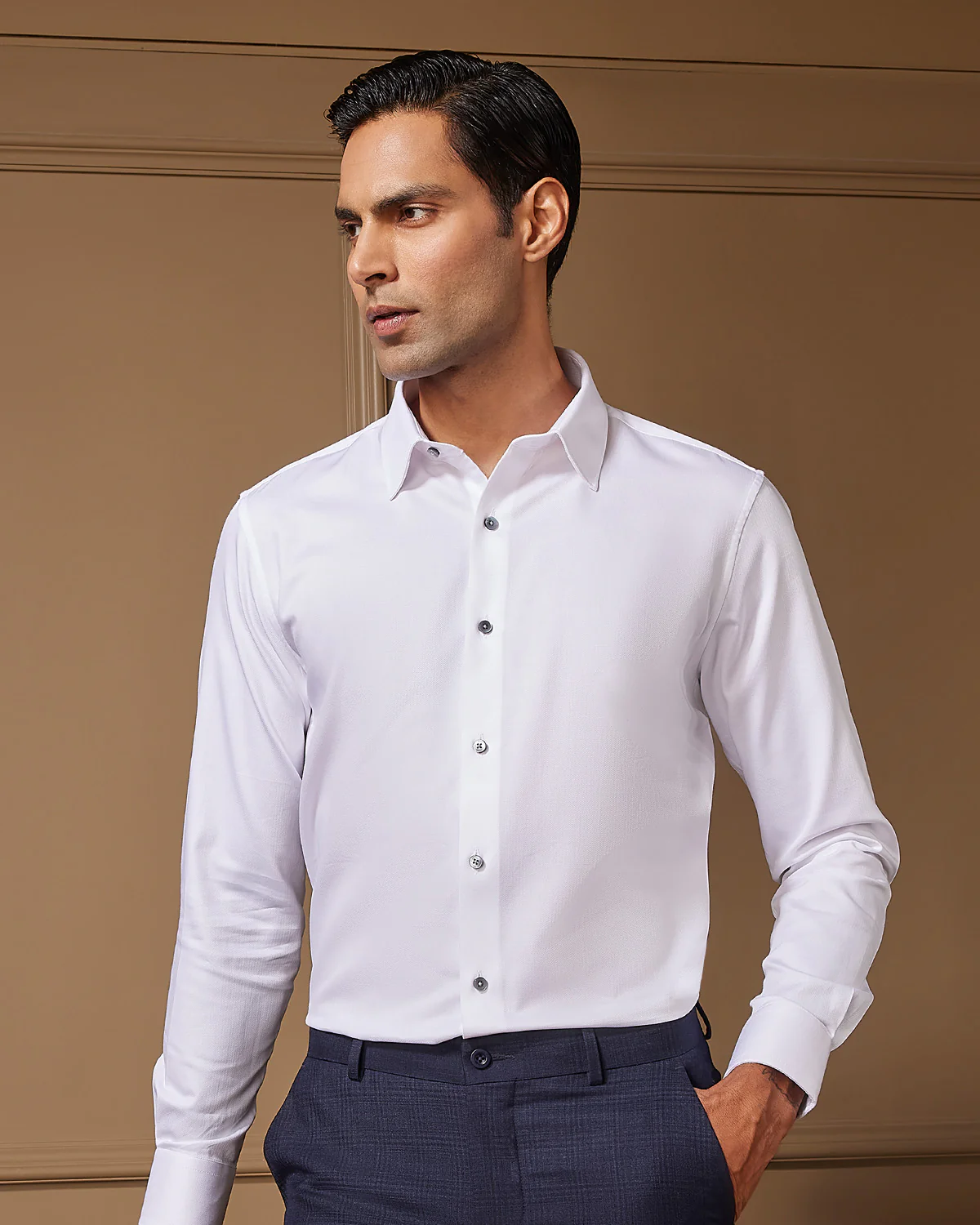 White Cotton Herringbone Shirt - Image 2