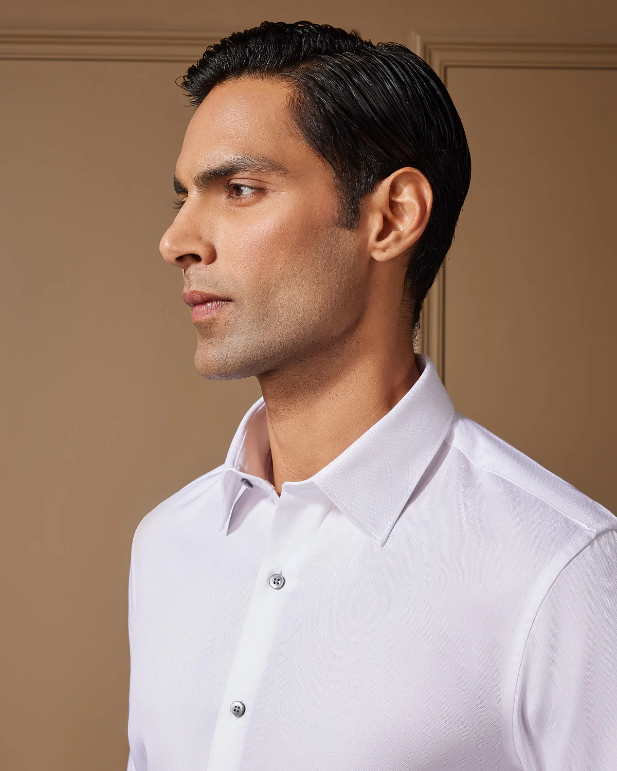 White Cotton Herringbone Shirt - Image 3