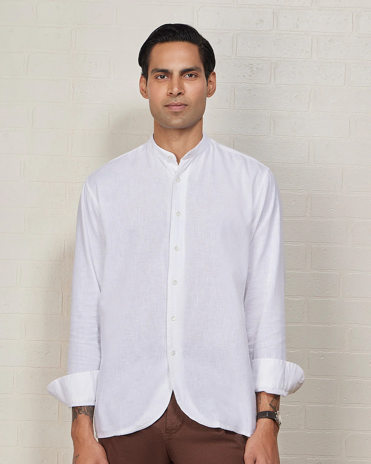White Cotton Linen Bandhgala Shirt - Image 2