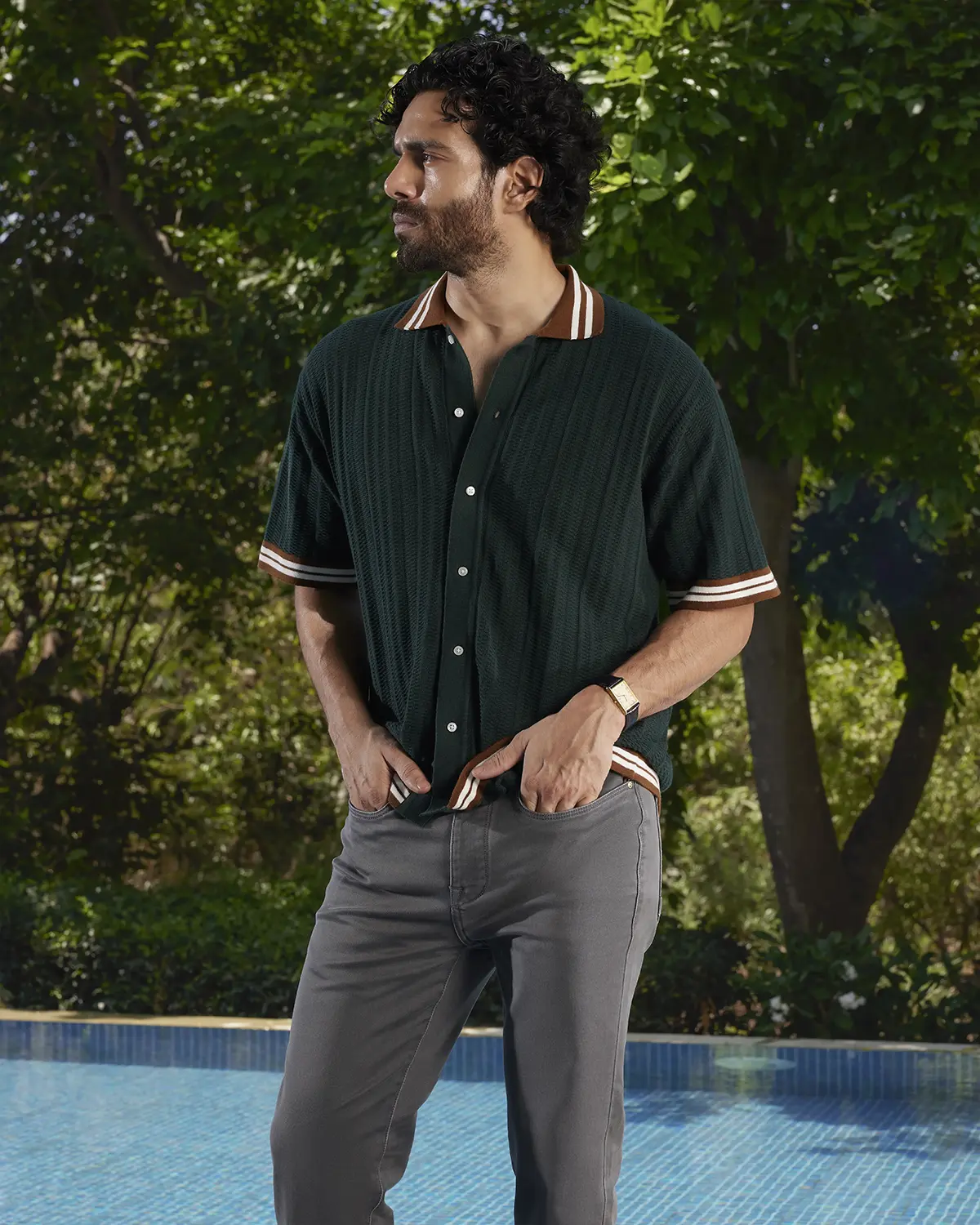 Green Jacquard Flat Knit Half-Sleeve Shirt
