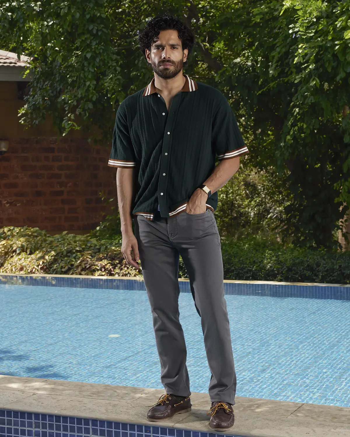 Green Jacquard Flat Knit Half-Sleeve Shirt - Image 3