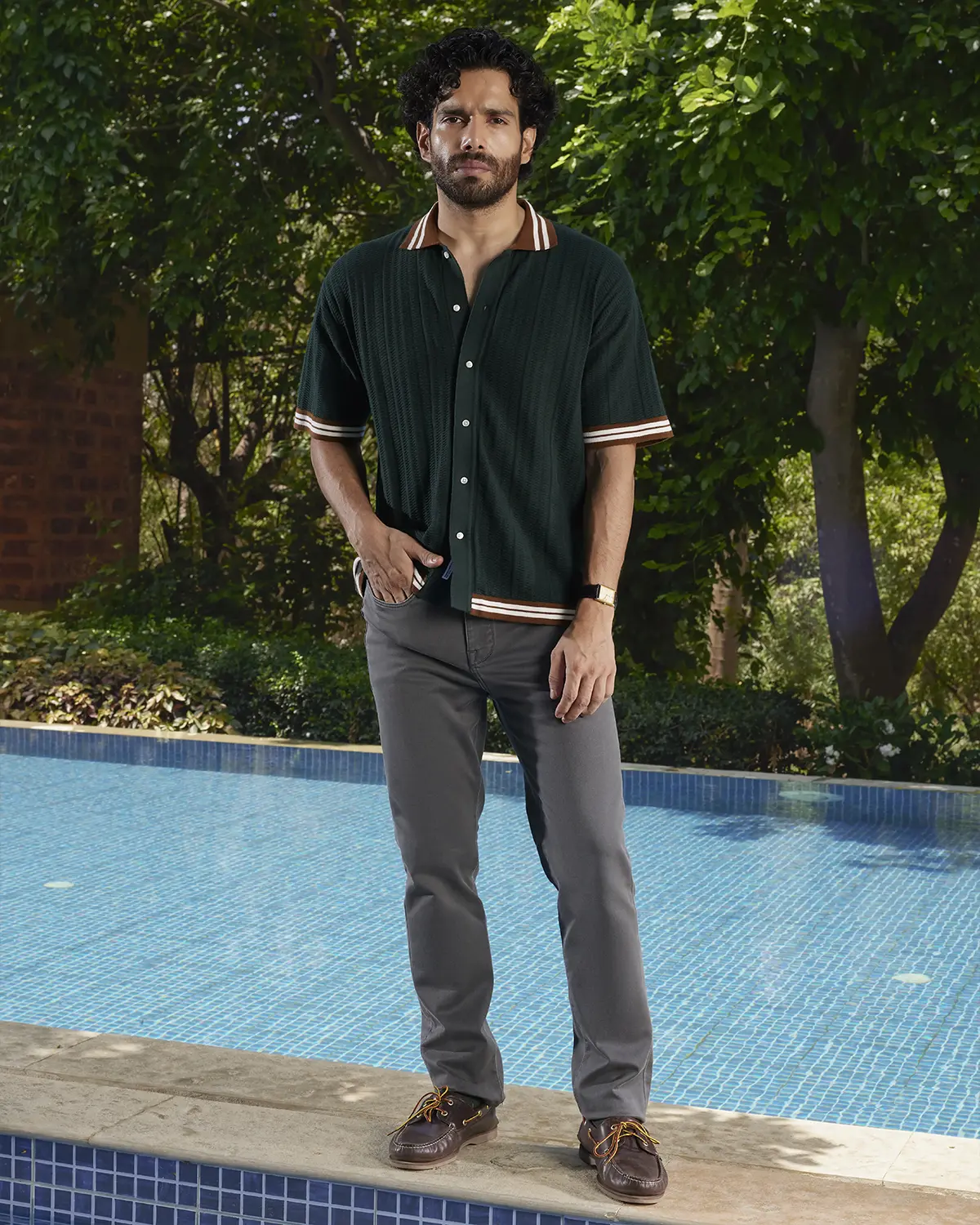Green Jacquard Flat Knit Half-Sleeve Shirt - Image 4