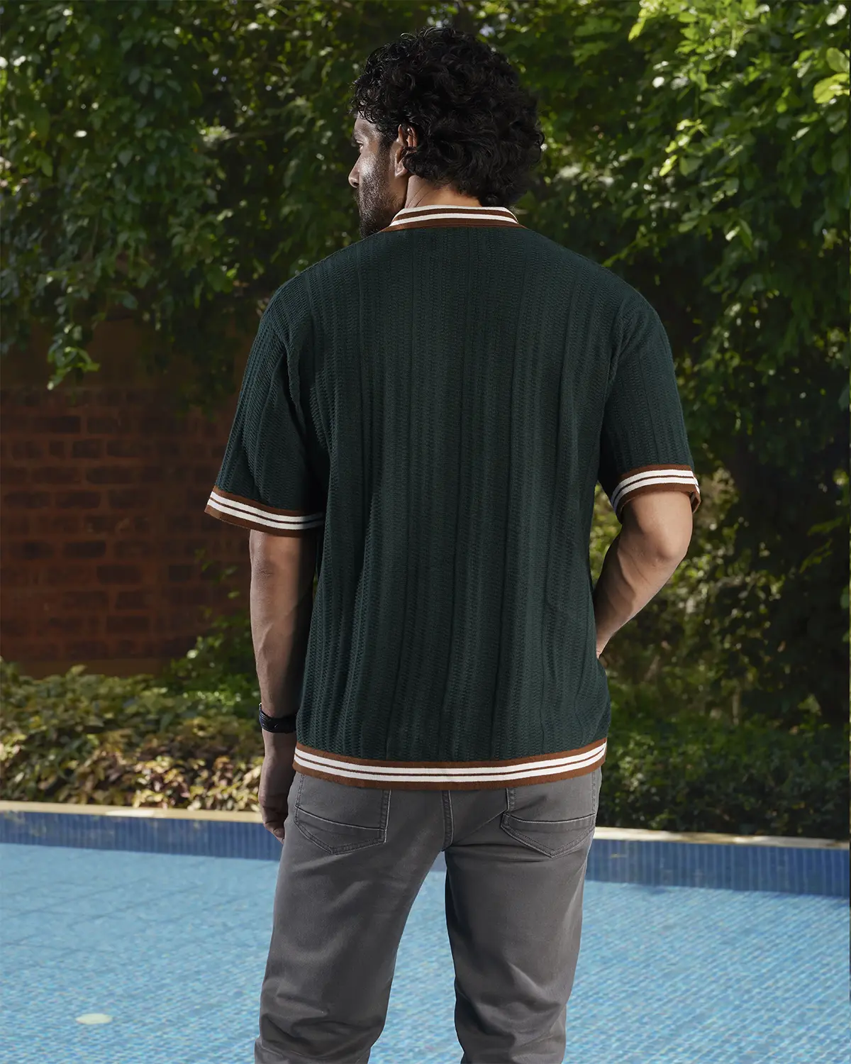 Green Jacquard Flat Knit Half-Sleeve Shirt - Image 5