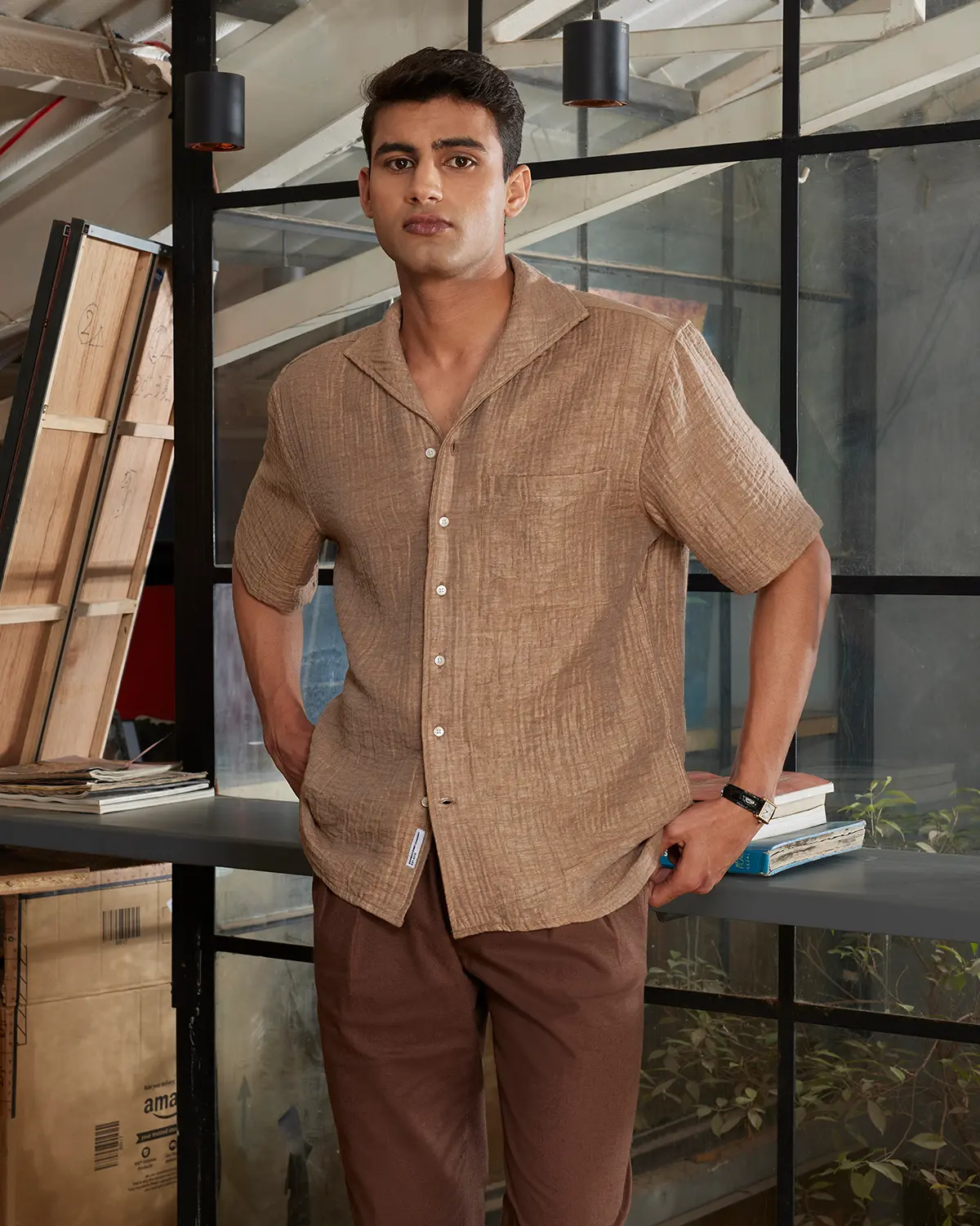 Light Brown Cooper Collar Double Cloth Shirt