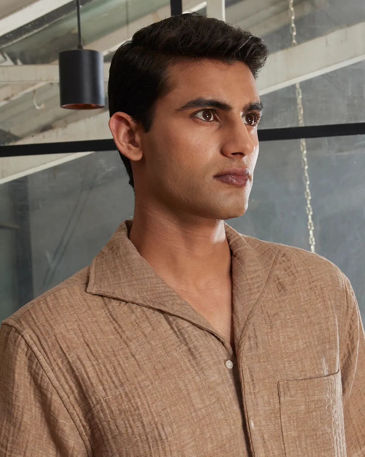 Light Brown Cooper Collar Double Cloth Shirt - Image 2