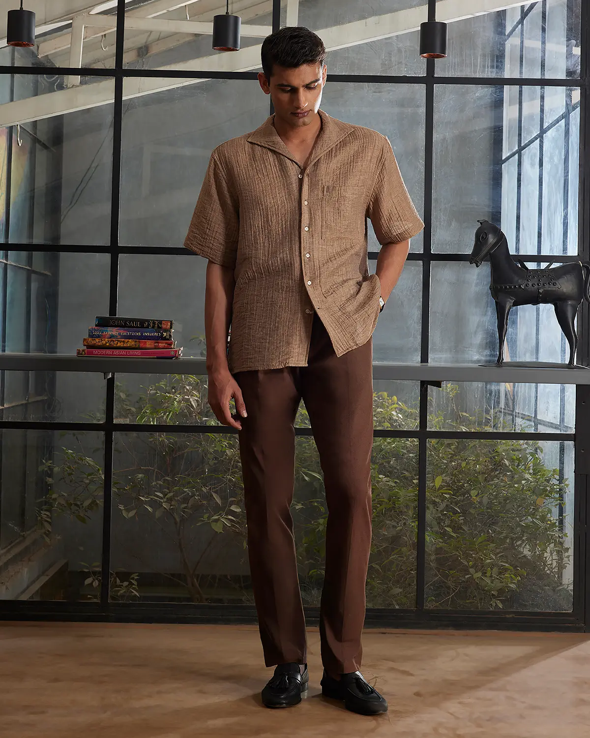 Light Brown Cooper Collar Double Cloth Shirt - Image 4