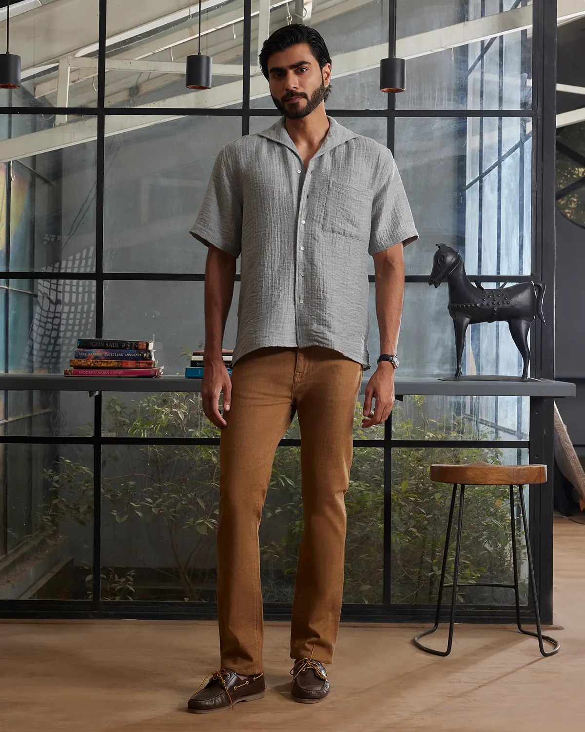 Light Grey Cooper Collar Double Cloth Shirt - Image 4