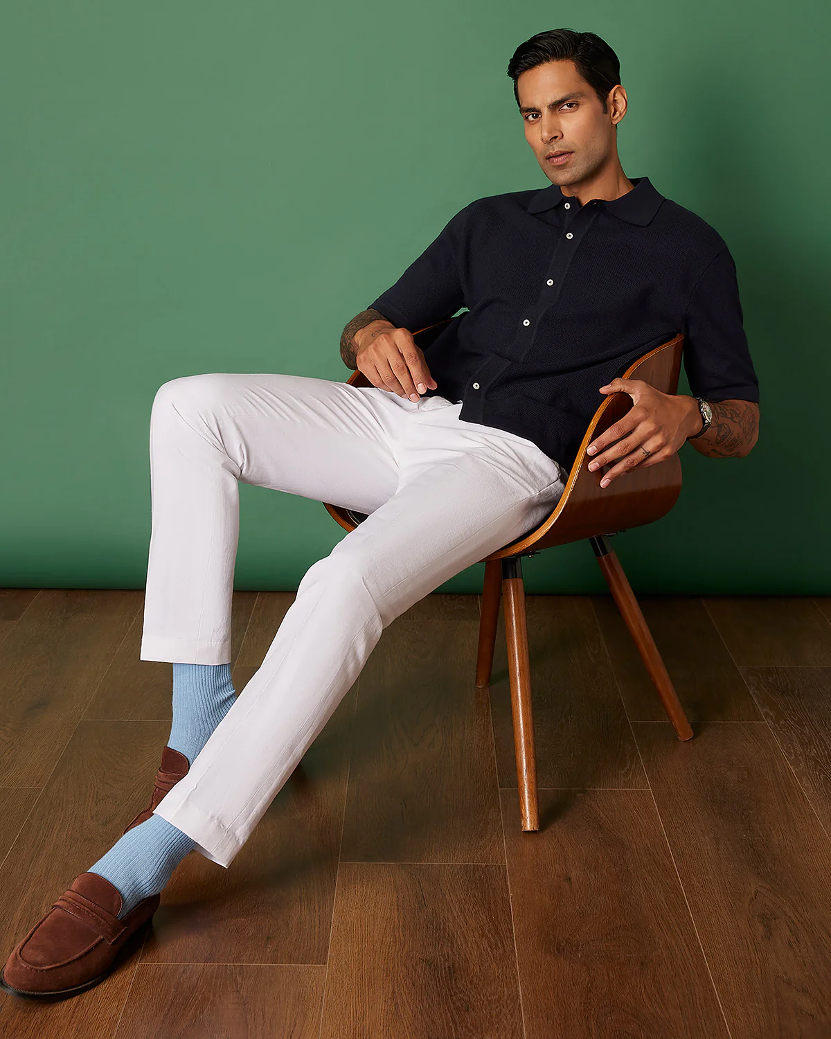 Navy Cotton Dobby Flat Knit Shirt - Image 3
