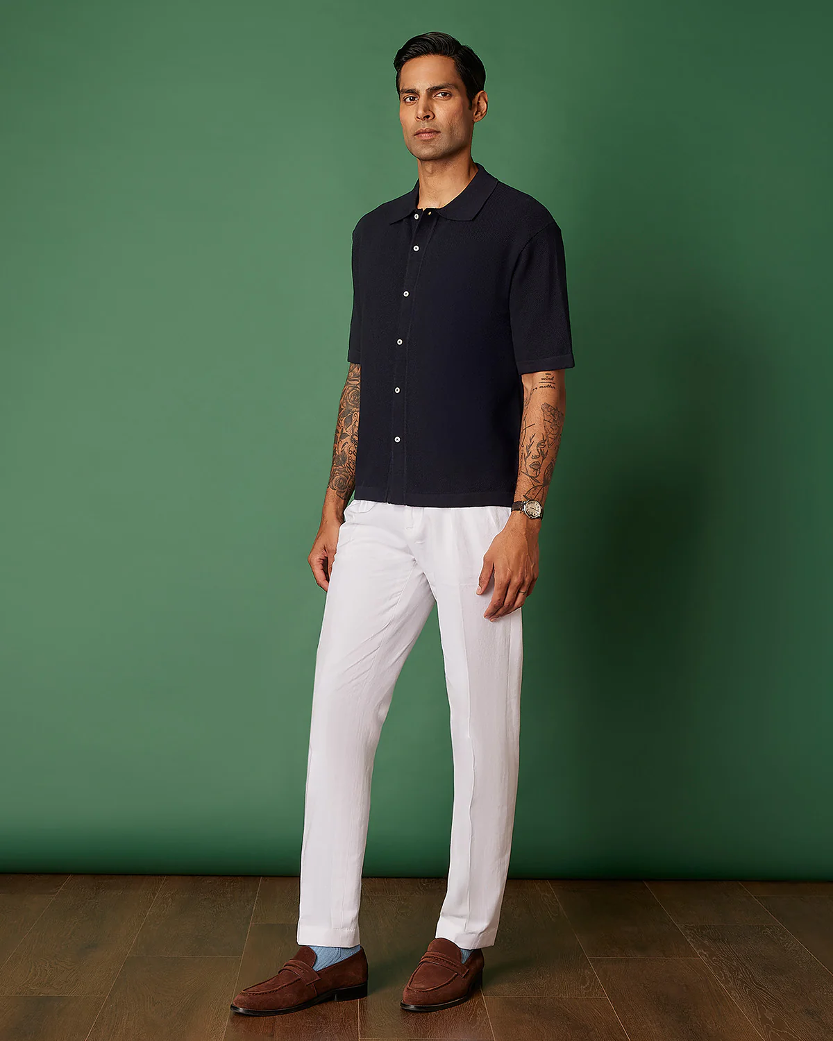 Navy Cotton Dobby Flat Knit Shirt - Image 4