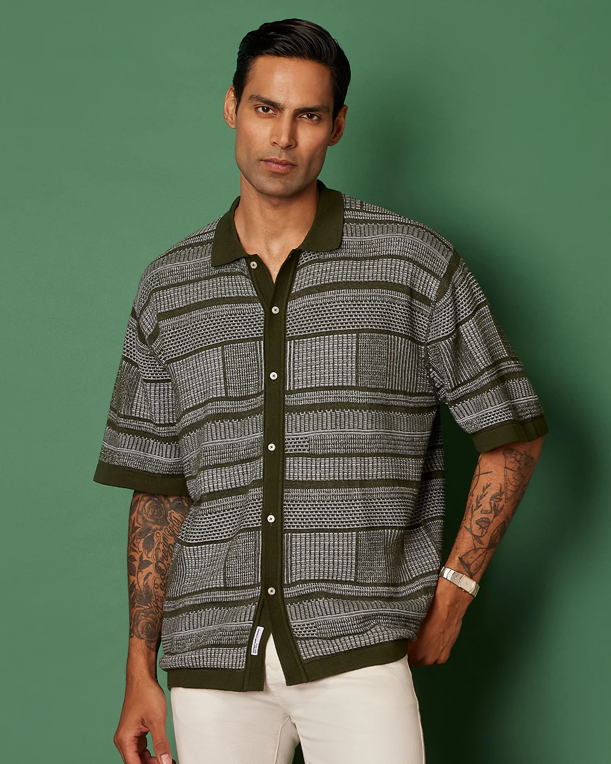 Olive Abstract Flat Knit Shirt